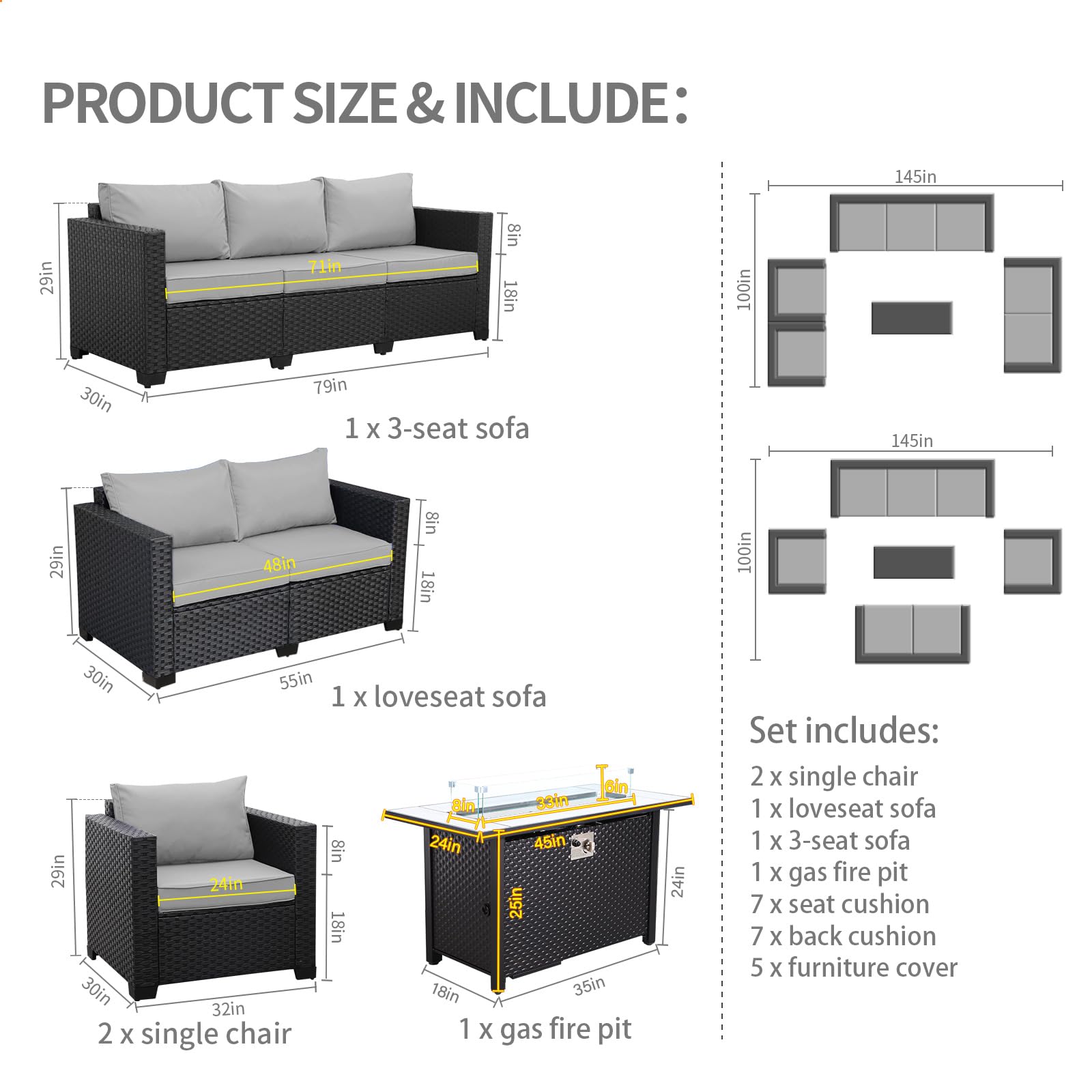 5 Pcs Outdoor Furniture Sets Patio Furniture Set with 45" Fire Pit Patio Couch Outdoor Chairs 60000 BTU Wicker Propane Fire Pit Table with No-slip Cushions and Waterproof Covers, Grey