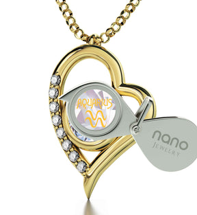 Gold Plated Silver Zodiac Heart Pendant Aquarius Necklace 24k Gold inscribed on Crystal