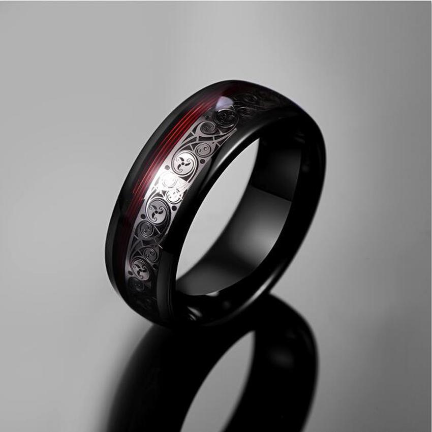 Spiral Motif and Red Guitar String Tungsten Ring