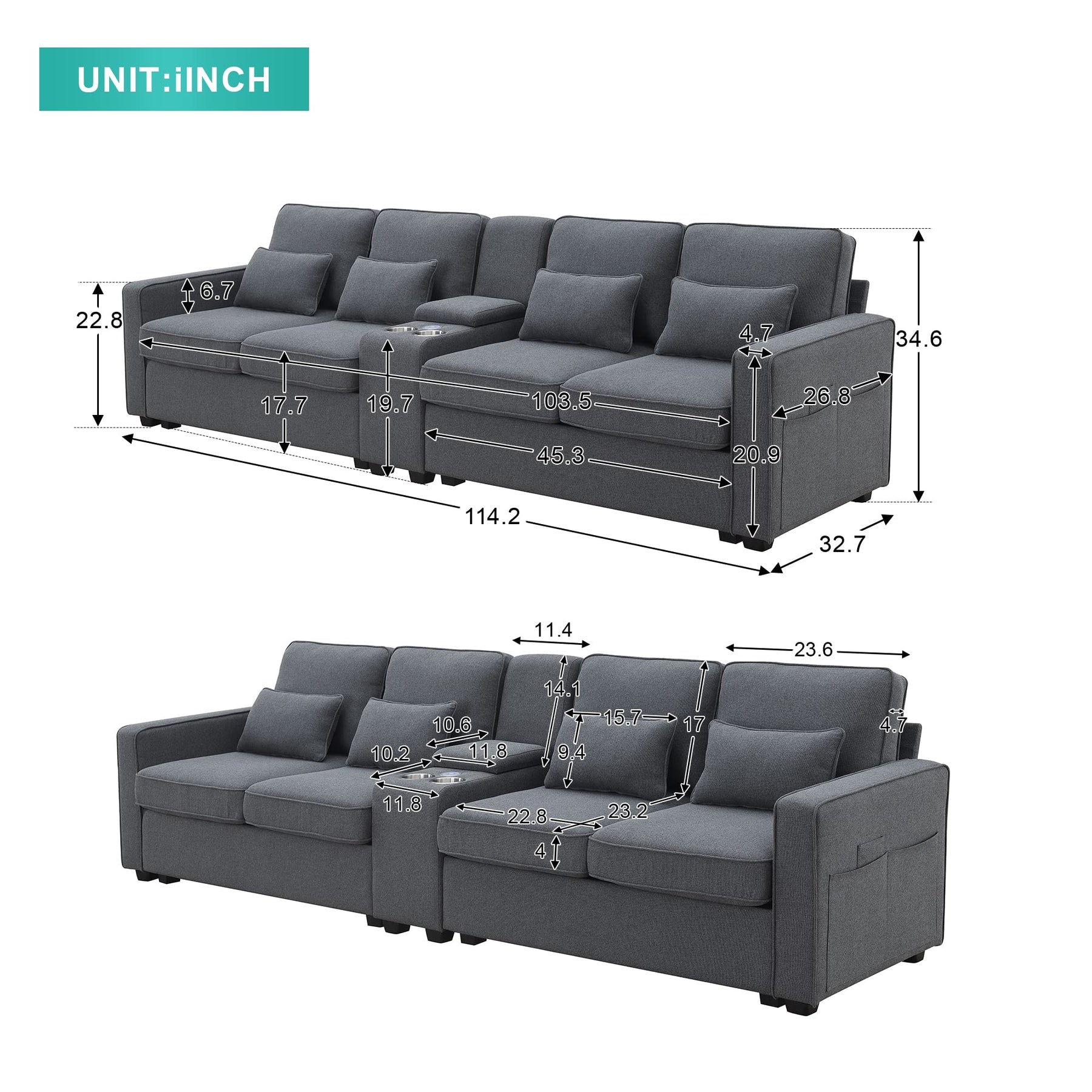 Multifunctional Modular Cushions Upholstered Sectional Sofa Couch W/Storage Consloe,Cupholders, USB Charging Ports and Wired & Wirelessly Charged for Home Office Apartment Living Room Furniture Sets