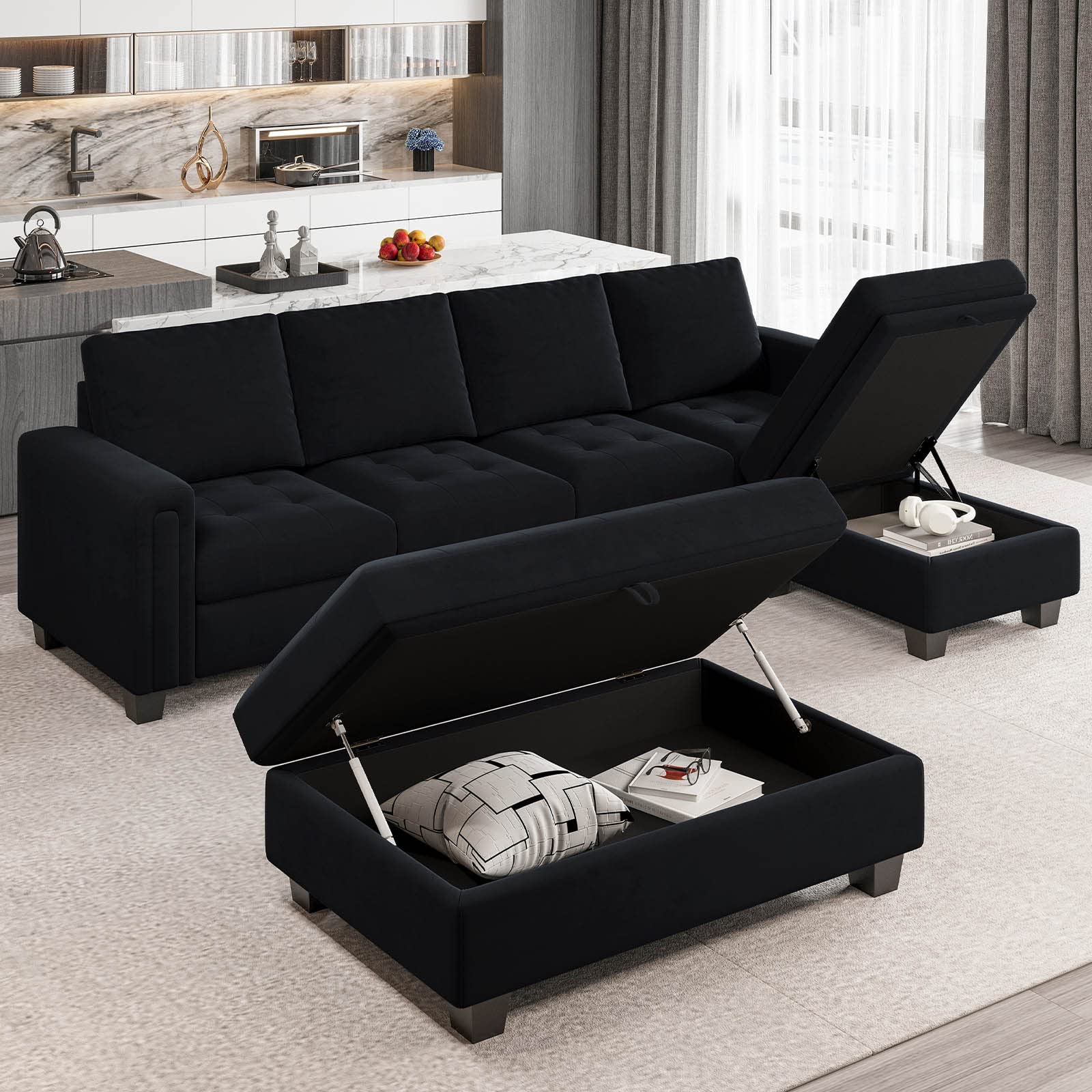 Belffin Velvet Convertible 4-Seat Sectional Sofa with Reversible Chaise L Shaped Sofa Couch Furniture Sets Sectional Couch with Storage Ottoman Black