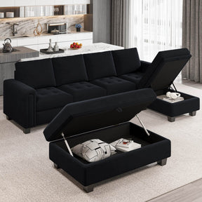 Belffin Velvet Convertible 4-Seat Sectional Sofa with Reversible Chaise L Shaped Sofa Couch Furniture Sets Sectional Couch with Storage Ottoman Black