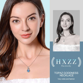 HXZZ Fine Jewelry Birthstone Gifts for Women Natural Gemstone Swiss Blue Topaz Sterling Silver Pendant Necklace Birthday Anniversary for Wife Mom Her Girls