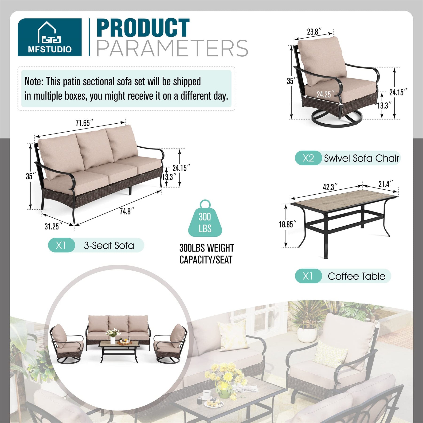 MFSTUDIO Extra Large Outdoor Patio Furniture Set 4 PCS Heavy-Duty Metal Patio Conversation Sets for 5 with High Back 3-Seat Sofa, 2 Swivel Chairs, 1 Coffee Table, 5.5" Thicken Cushions