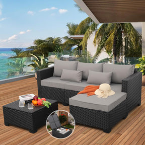 Rattaner 3 Pieces Patio Furniture Set Outdoor Sectional Wicker Patio Furniture Patio Couch with Ottoman and Outdoor Storage Table All-Weather Anti-Slip Cushions Waterproof Covers, Grey