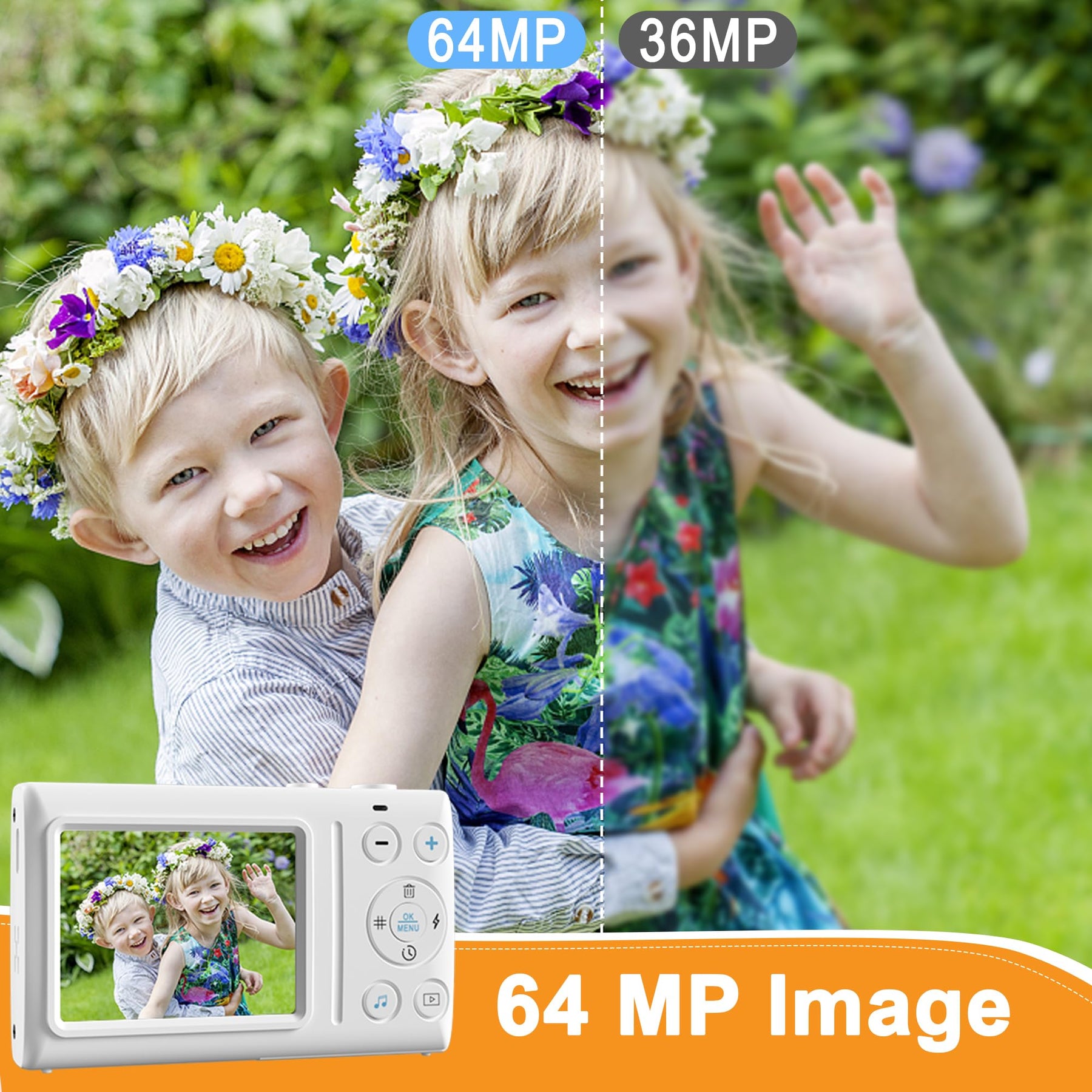 Kids 4K Digital Camera for Photography: 64MP Autofocus Compact Camera with 32GB MicroSD Card, 18X Digital Zoom Point and Shoot Camera for Girls Boys Christmas Birthday Gift-White