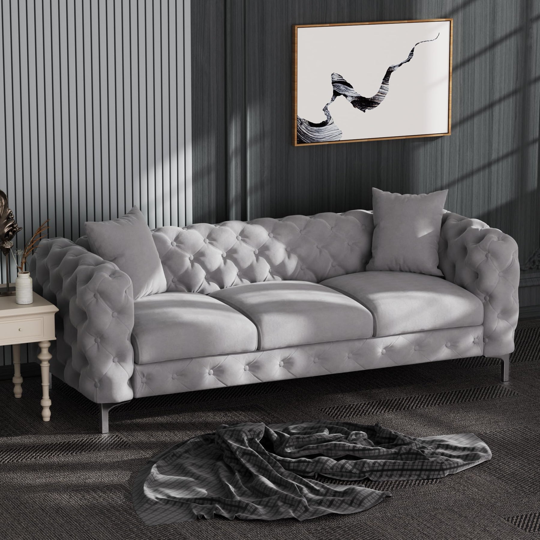 Morden Fort Modern Velvet Chair Loveseat Sofa 3 Pieces Upholstered Living Room Furniture Sets with Deep Button Tufting, Solid Wood Frame and Iron Legs-Silver Grey