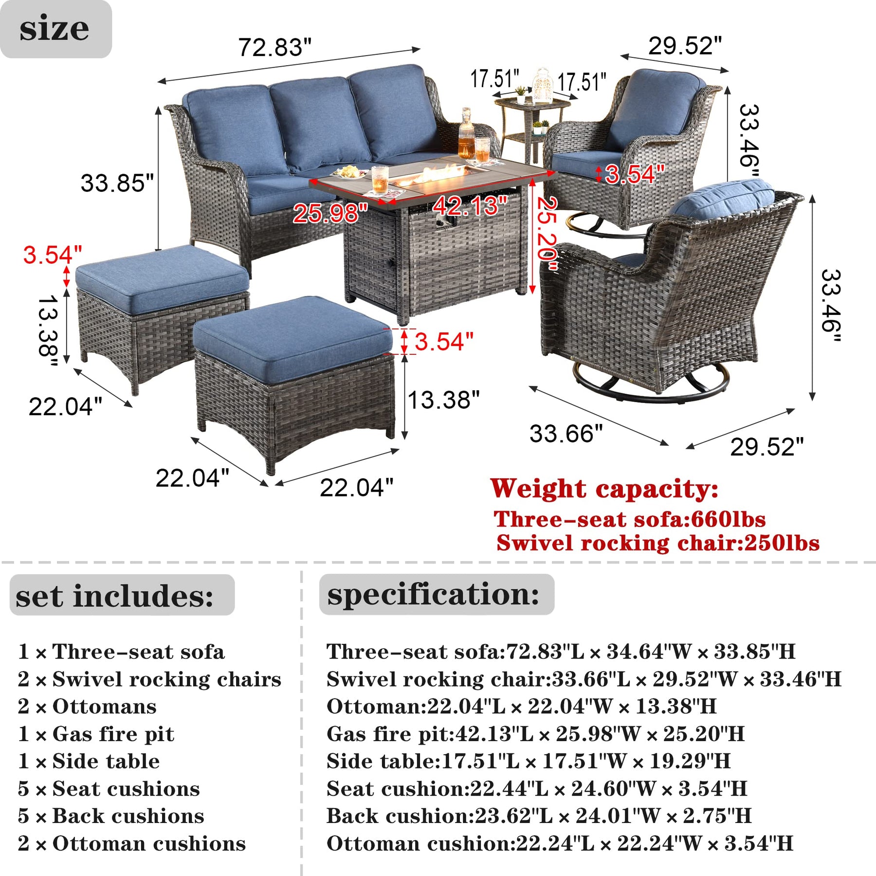 XIZZI Outdoor Swivel Rocking Chairs Patio Furniture Set with 50,000 BTU Rectangular Propane Fire Pit Table 7 Pieces High Back Conversation Sofa and Matching Side Table,Grey Rattan Denim Blue