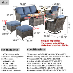 XIZZI Outdoor Swivel Rocking Chairs Patio Furniture Set with 50,000 BTU Rectangular Propane Fire Pit Table 7 Pieces High Back Conversation Sofa and Matching Side Table,Grey Rattan Denim Blue