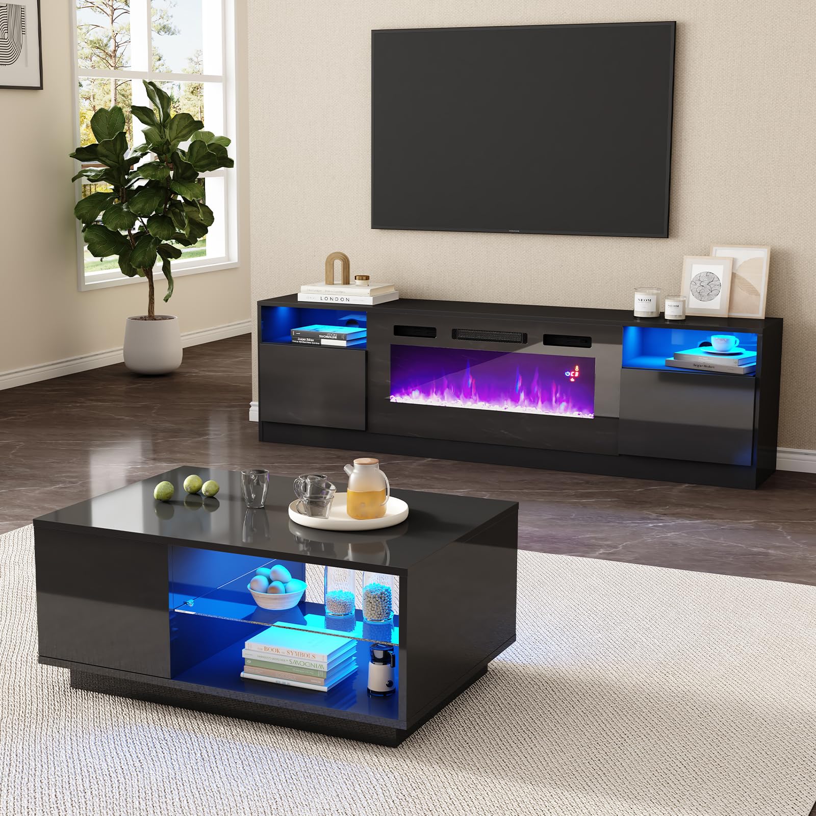 AMERLIFE 2-Piece Modern Living Room Table Sets, Includes 70" Highgloss Fireplace TV Stand, Coffee Table with Glass Shelves, LED Lights Entertainment Center Sets, Black