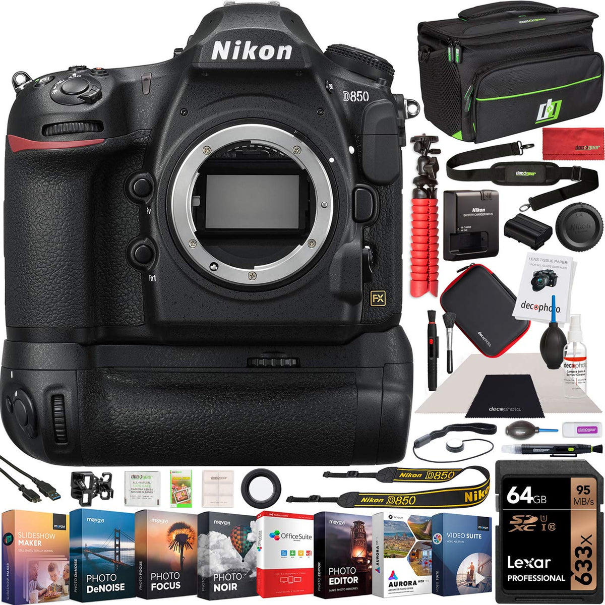 Nikon D850 FX-Format Full Frame Digital SLR DSLR WiFi 4K Camera Body + Battery Grip Power Bundle with Deco Gear Photography Case Bag + 64GB Card + Compact Tripod + Software & Accessories