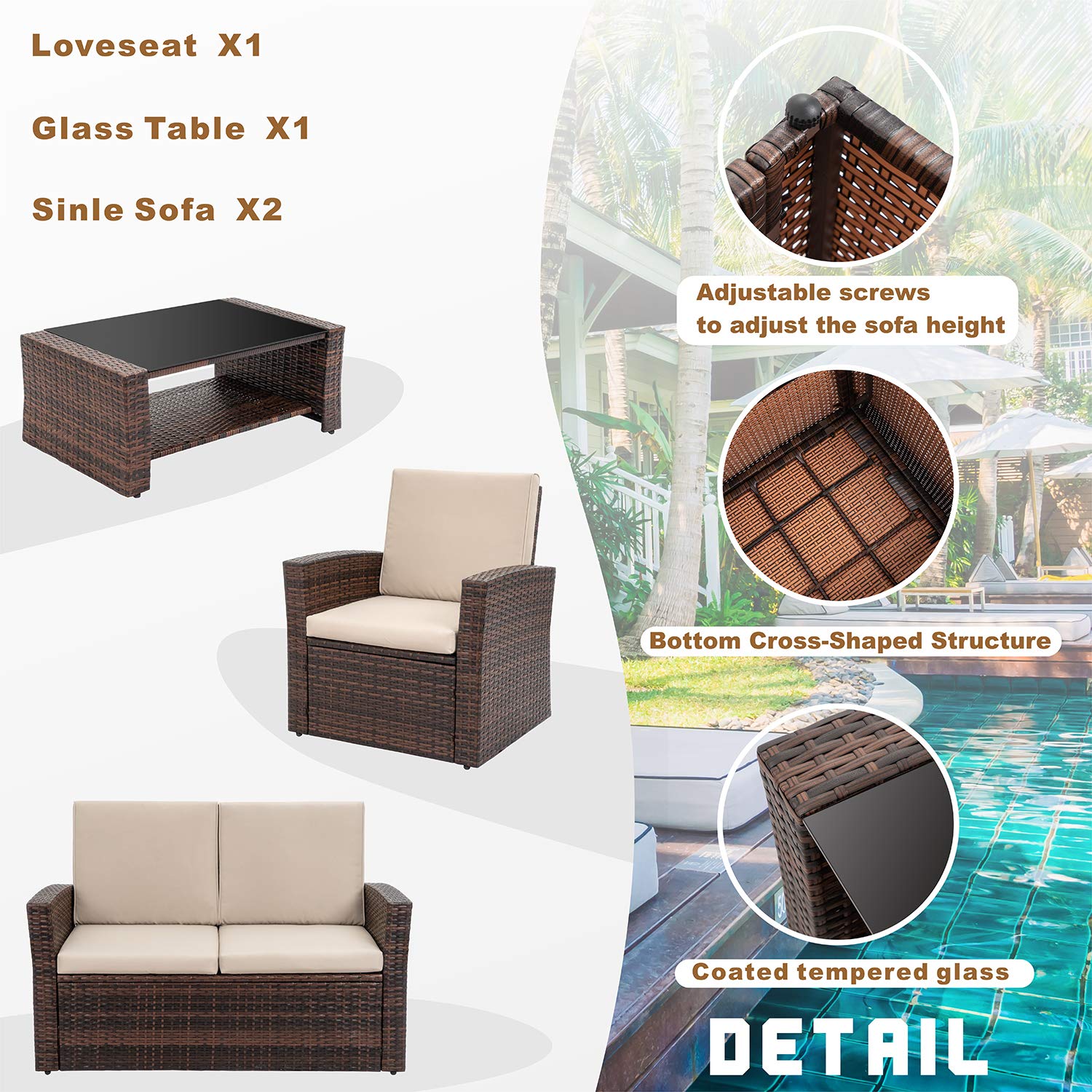 Shintenchi Outdoor Patio Furniture 4 Piece Set, Wicker Rattan Sectional Sofa Couch with Glass Coffee Table | Brown