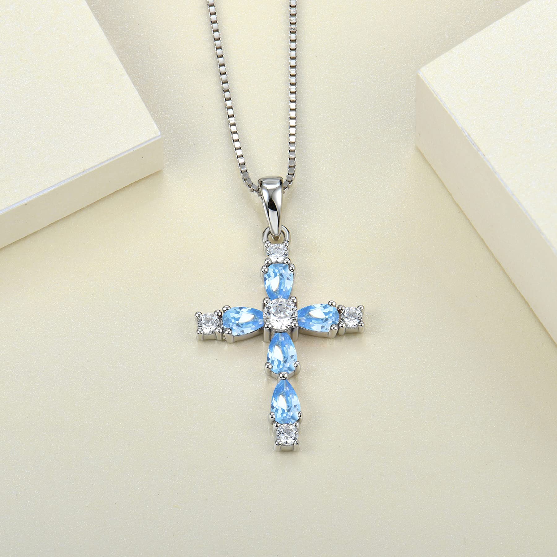 YL Cross Necklace 925 Sterling Silver Halo Pendant Gemstone Created Aquamarine Religious Jewelry Christian Baptism Gifts