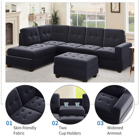 L-Shaped Oversized Corner Sectional Sofa Couch W/Reversible Chaise & Storage Ottoman,Modern 6 Seaters Velvet Upholstery Sofa&Couch with Cupholders for Home Office Apartment Living Room Furniture Sets