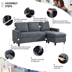 Shintenchi Convertible Sectional Sofa Couch, Modern Linen Fabric L-Shaped , 3-Seat Sofa Sectional with Reversible Chaise for Living Room, Apartment and Small Space (Dark Grey)