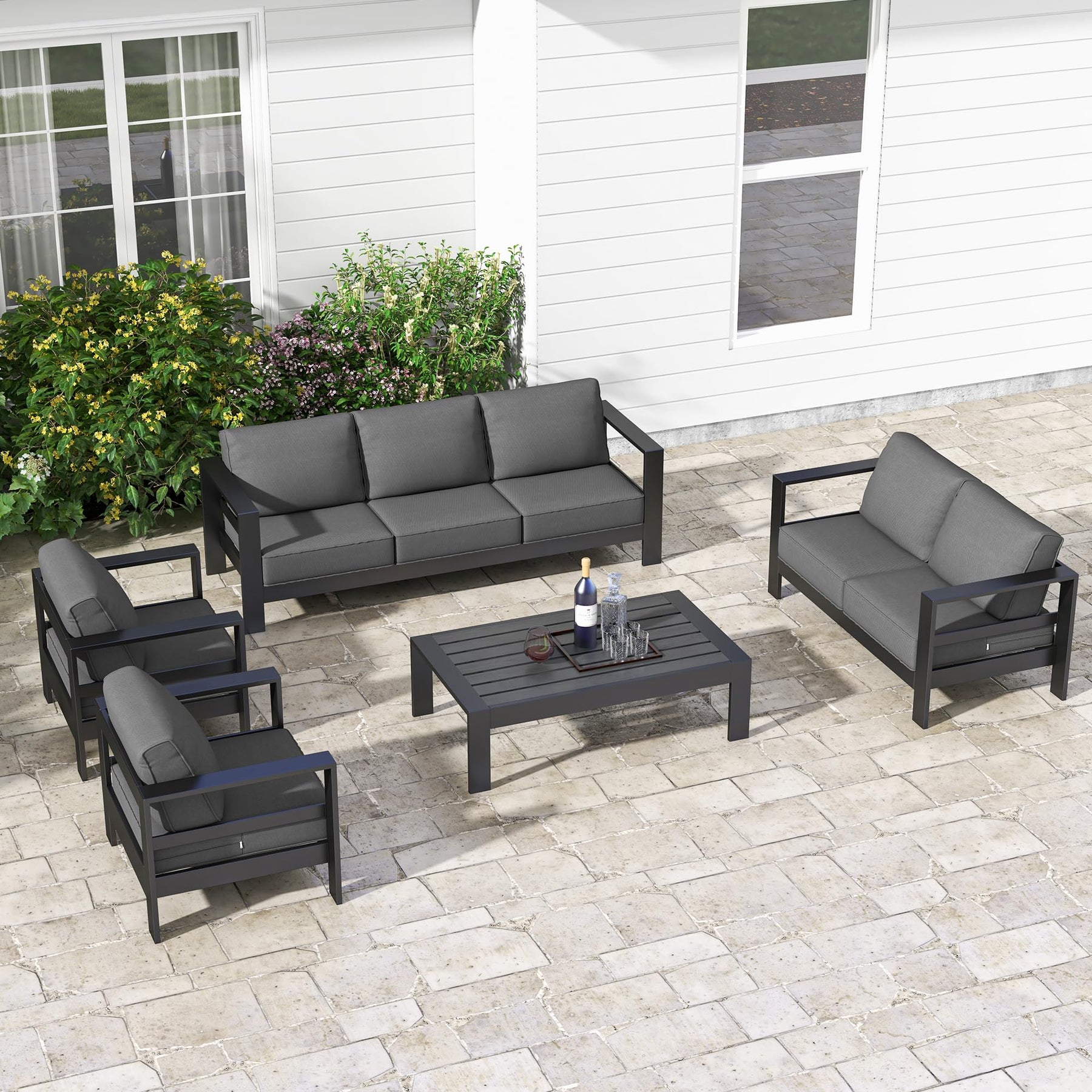 Betterhood Outdoor Aluminum Patio Furniture Set, 5 Pieces Modern Outdoor Sectional with Outdoor Patio Coffee Table & 5 Inch Cushion, Outdoor Patio Sectional Sofa Set for Balcony, Garden, Dark Gray