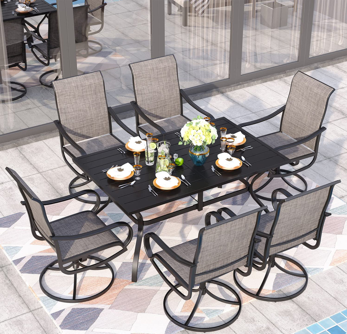 Sophia & William Patio Dining Set for 6 Outdoor Furniture Table and Chairs 7 Pieces Metal, 6 x Swivel Dining Chairs Textilene with 1 Umbrella Table for Lawn Pool Garden Porch