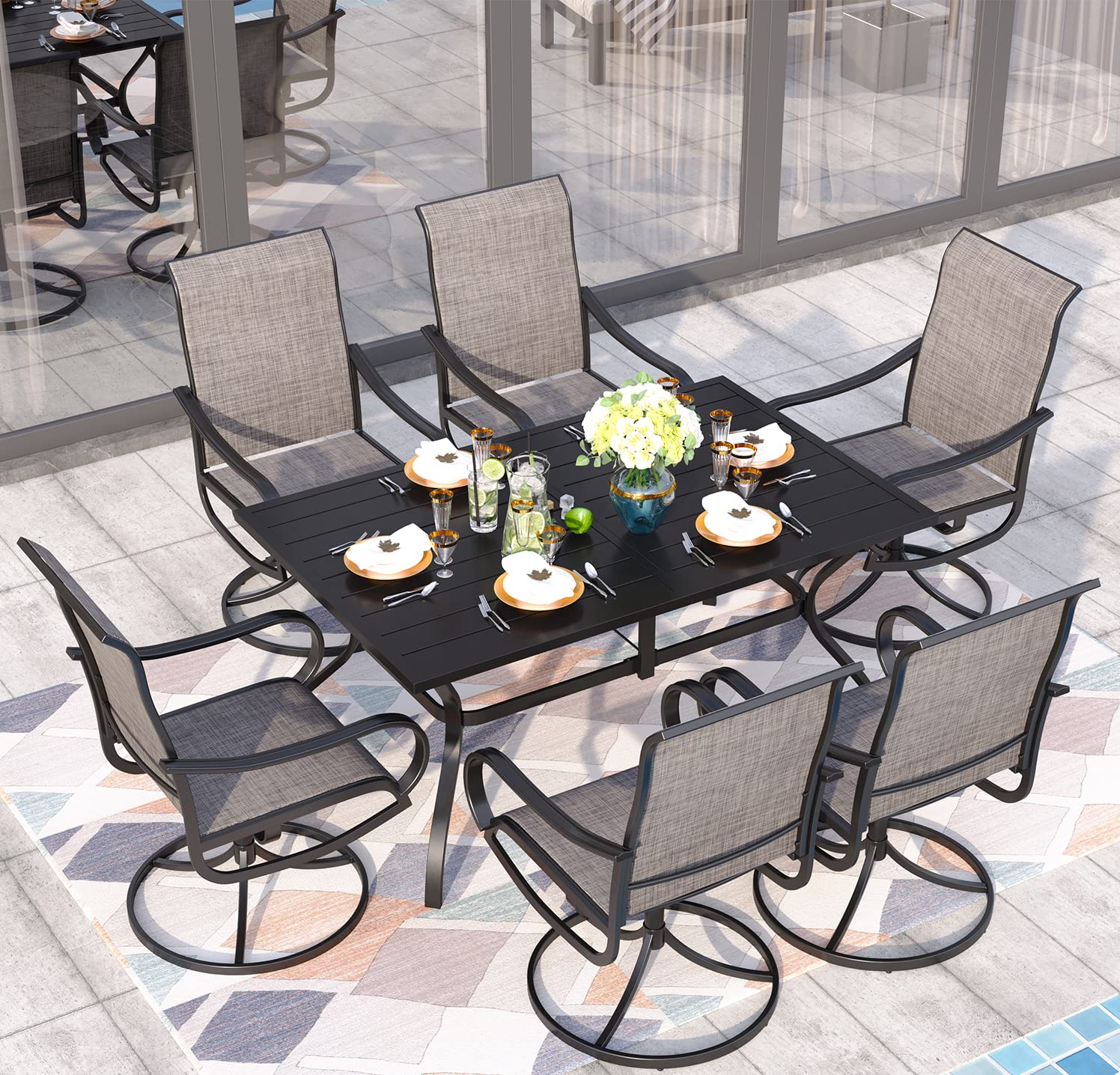 Sophia & William Patio Dining Set for 6 Outdoor Furniture Table and Chairs 7 Pieces Metal, 6 x Swivel Dining Chairs Textilene with 1 Umbrella Table for Lawn Pool Garden Porch