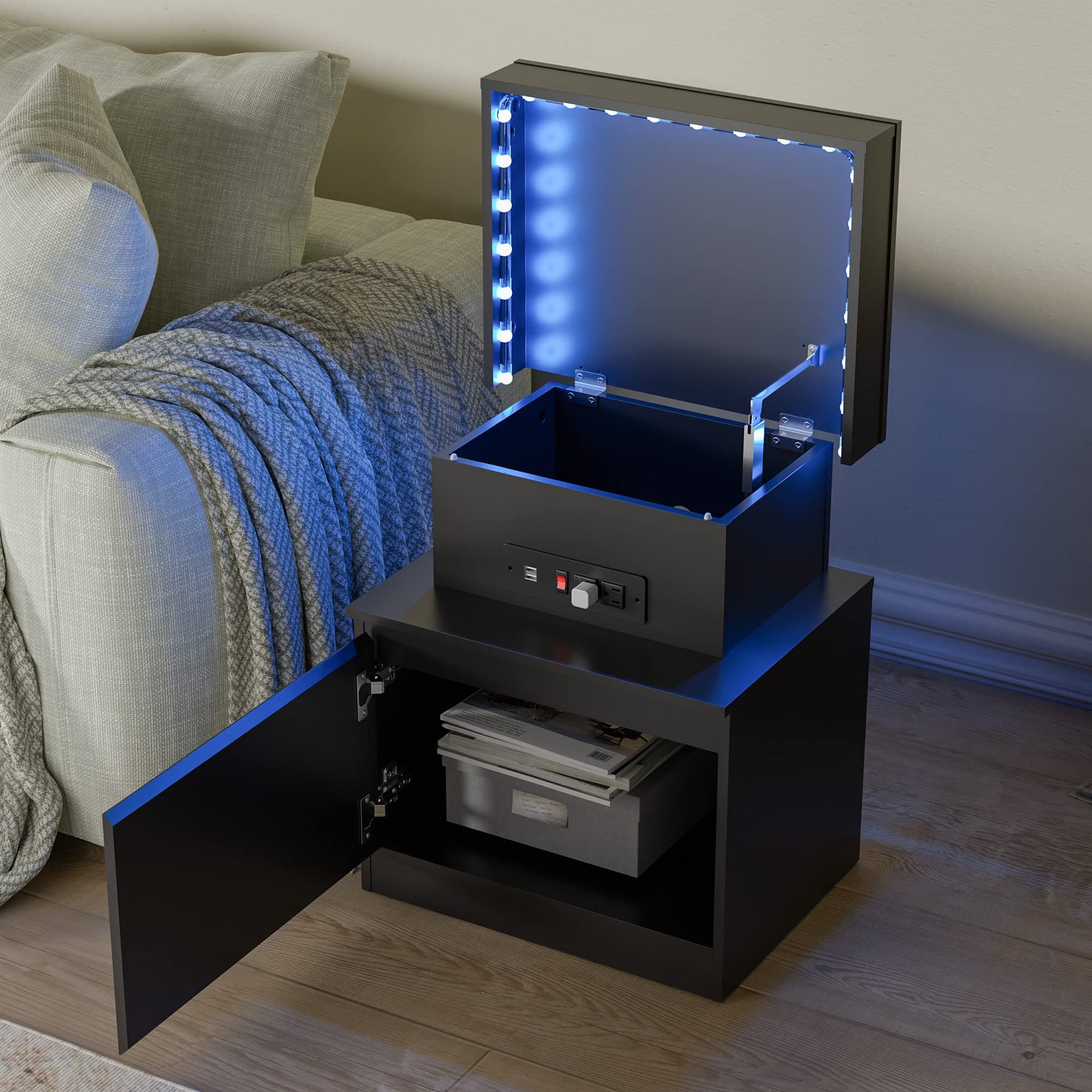 Cozy Castle Black LED Nightstand Set of 2, Small Bedside Table with LED Lights and Charging Station, End Table with Door for Bedroom