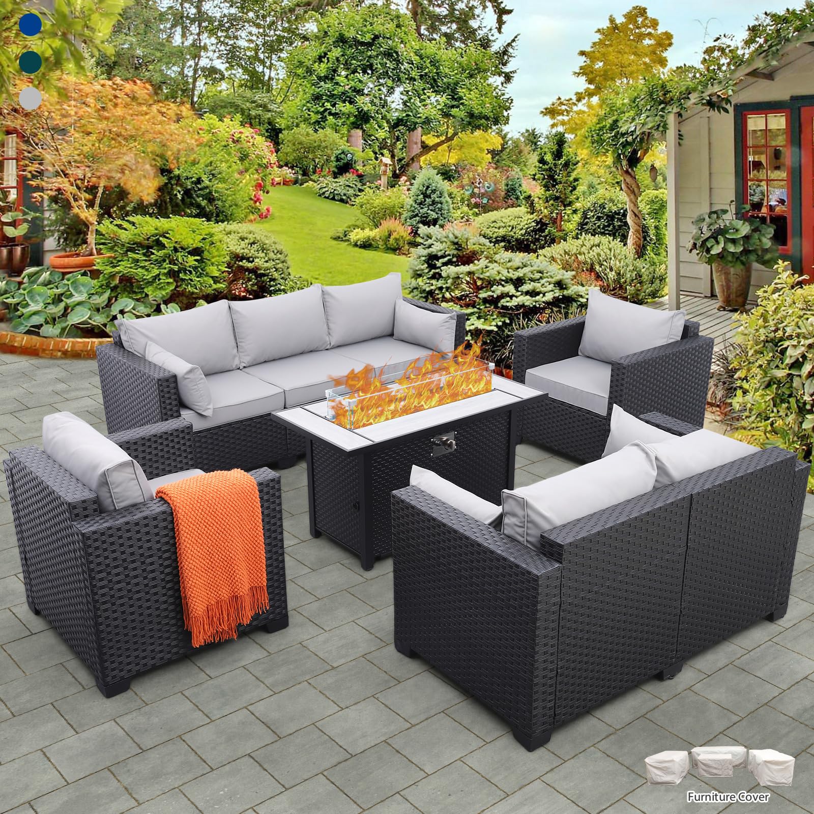 5 Pcs Outdoor Furniture Sets Patio Furniture Set with 45" Fire Pit Patio Couch Outdoor Chairs 60000 BTU Wicker Propane Fire Pit Table with No-slip Cushions and Waterproof Covers, Grey