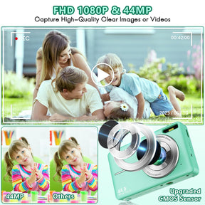 Digital Camera, FHD 1080P Point and Shoot Digital Camera for Kids with 16X Zoom, Anti-Shake, 44MP Vlogging Cameras with 32GB Card, Compact Small Digital Camera for Teens, Girls, Boys Students, Green