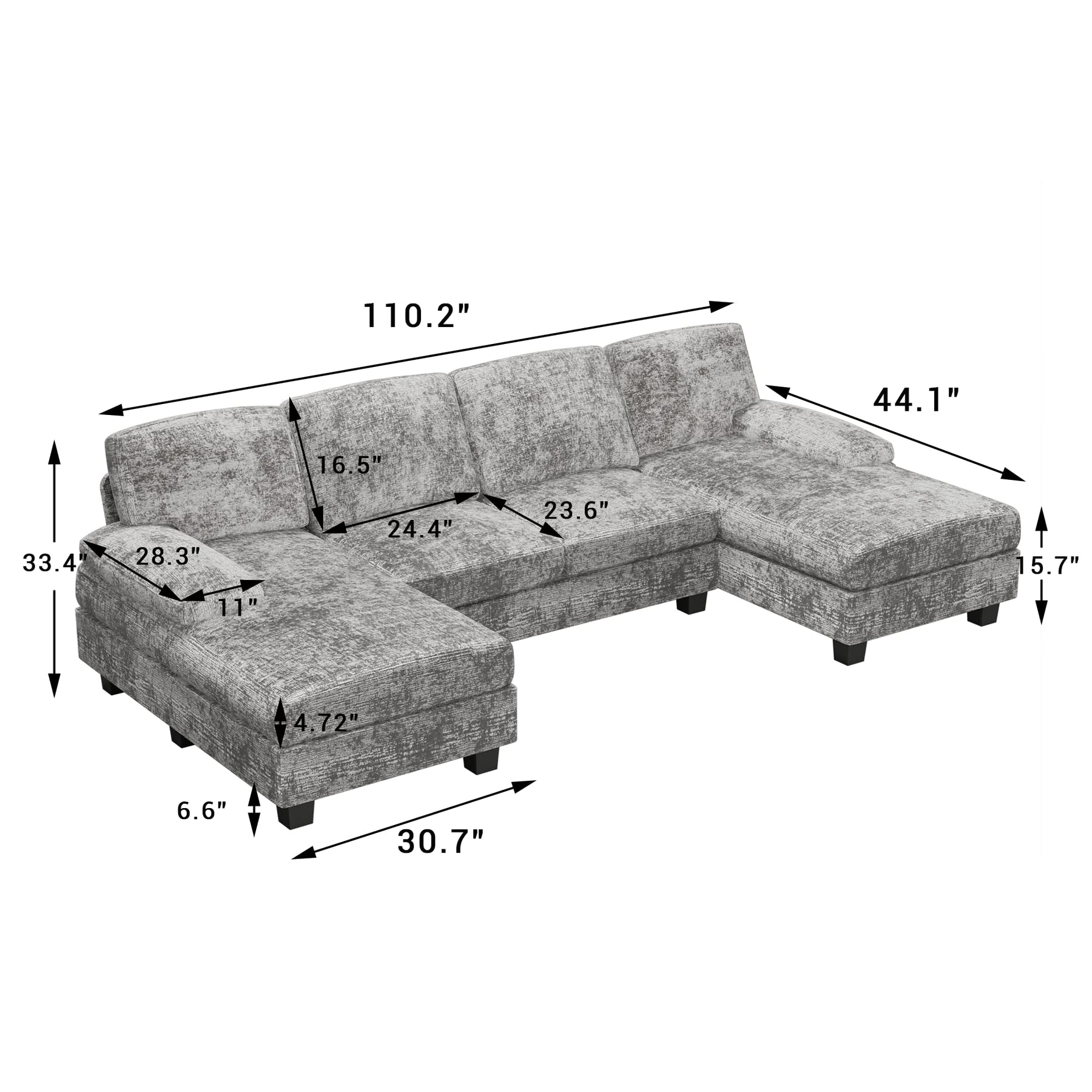 Furniwell Convertible Sectional Sofa Couch, 4 Seat Sofa Set for Living Room U-Shaped Modern Fabric Modular Sofa Sleeper with Double Chaise & Memory Foam (Grey)