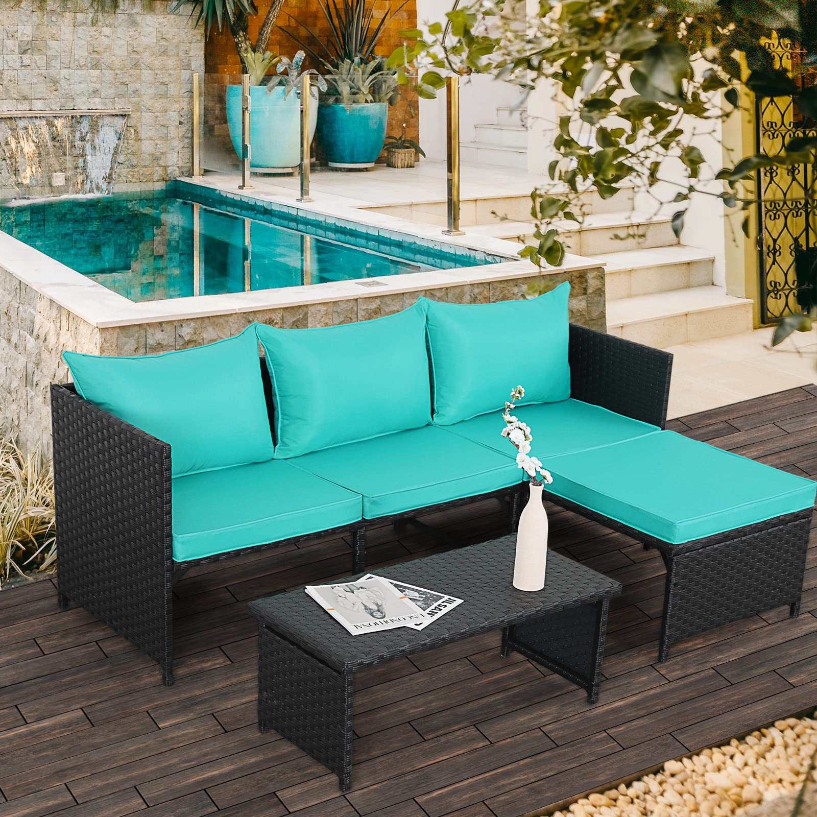 Valita 3-Piece Outdoor PE Rattan Furniture Set Patio Black Wicker Conversation Loveseat Sofa Sectional Couch Turquoise Cushion