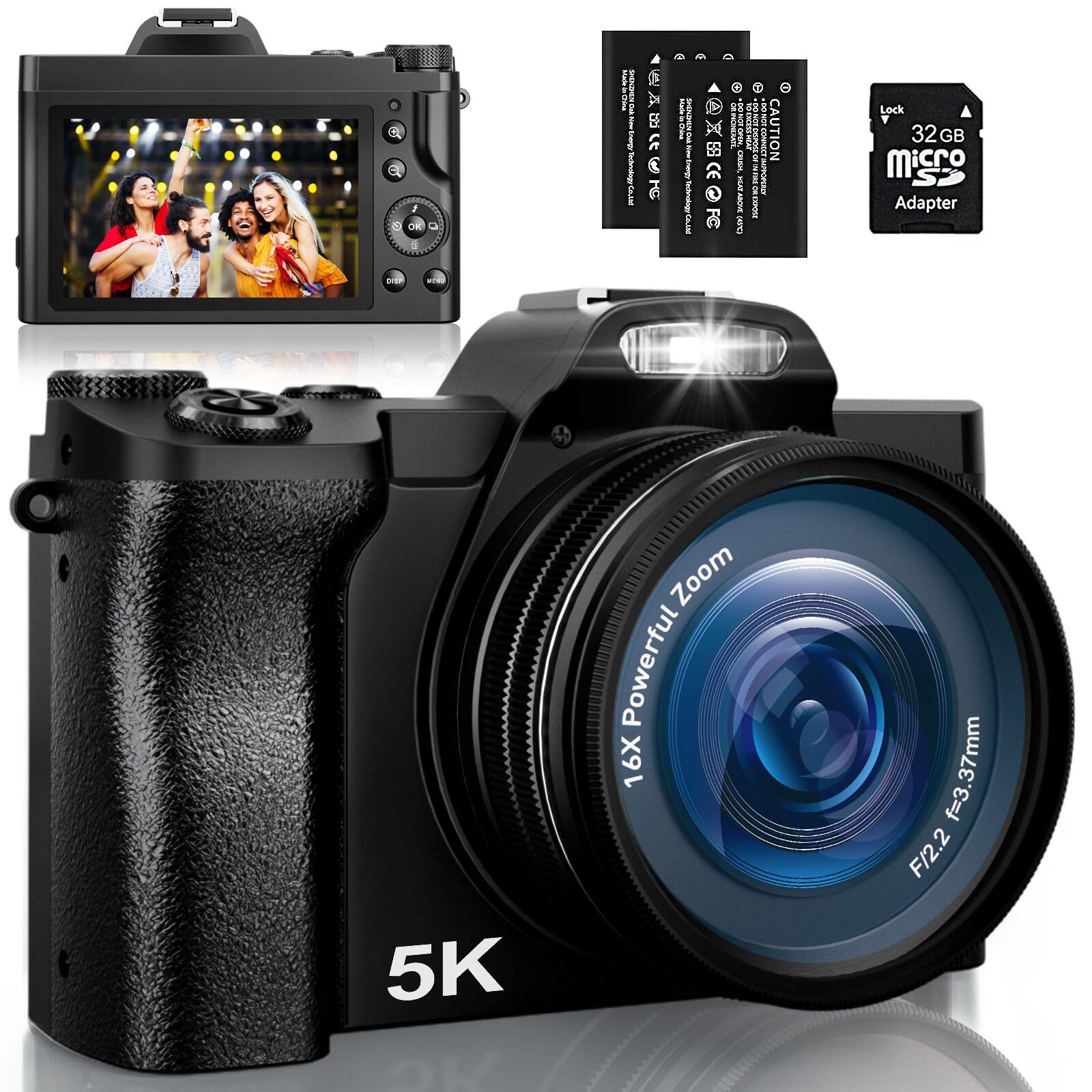 5K Digital Camera, WiFi Vlogging Camera with 32G SD Card, 48MP Autofocus Compact Camera 6-Axis Stabilization Travel Camera with UV Filter 16x Digital Zoom and 2 Batteries for Boys, Girls, Beginners