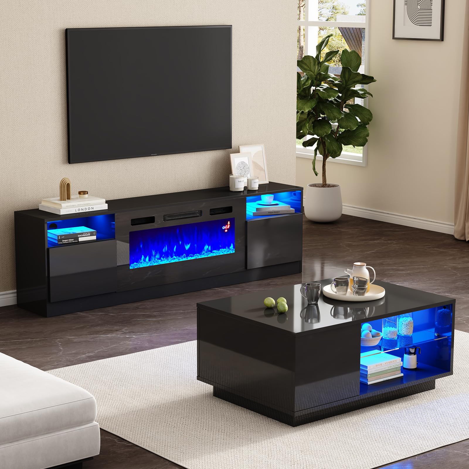 AMERLIFE 2-Piece Modern Living Room Table Sets, Includes 70" Highgloss Fireplace TV Stand, Coffee Table with Glass Shelves, LED Lights Entertainment Center Sets, Black