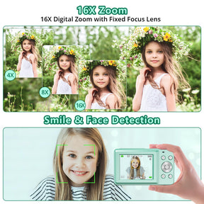 Digital Camera, FHD 1080P Point and Shoot Digital Camera for Kids with 16X Zoom, Anti-Shake, 44MP Vlogging Cameras with 32GB Card, Compact Small Digital Camera for Teens, Girls, Boys Students, Green