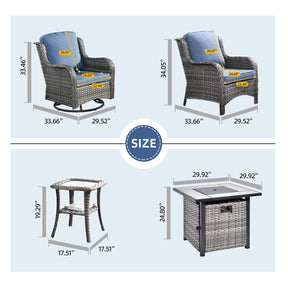 HOOOWOOO Outdoor Patio Furniture Set with Fire Pit Table,6 Pieces Outdoor Conversation Set with Swivel Rocking Chair,Firepit Table and Side Table,High Back Wicker Chairs Patio Set,Denim Blue