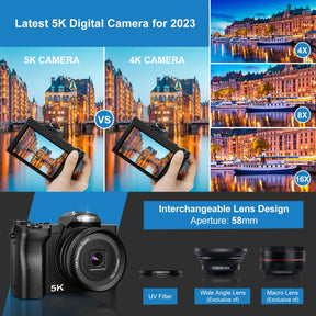 5K Digital Camera, WiFi Vlogging Camera with 32G SD Card, 48MP Autofocus Compact Camera 6-Axis Stabilization Travel Camera with UV Filter 16x Digital Zoom and 2 Batteries for Boys, Girls, Beginners