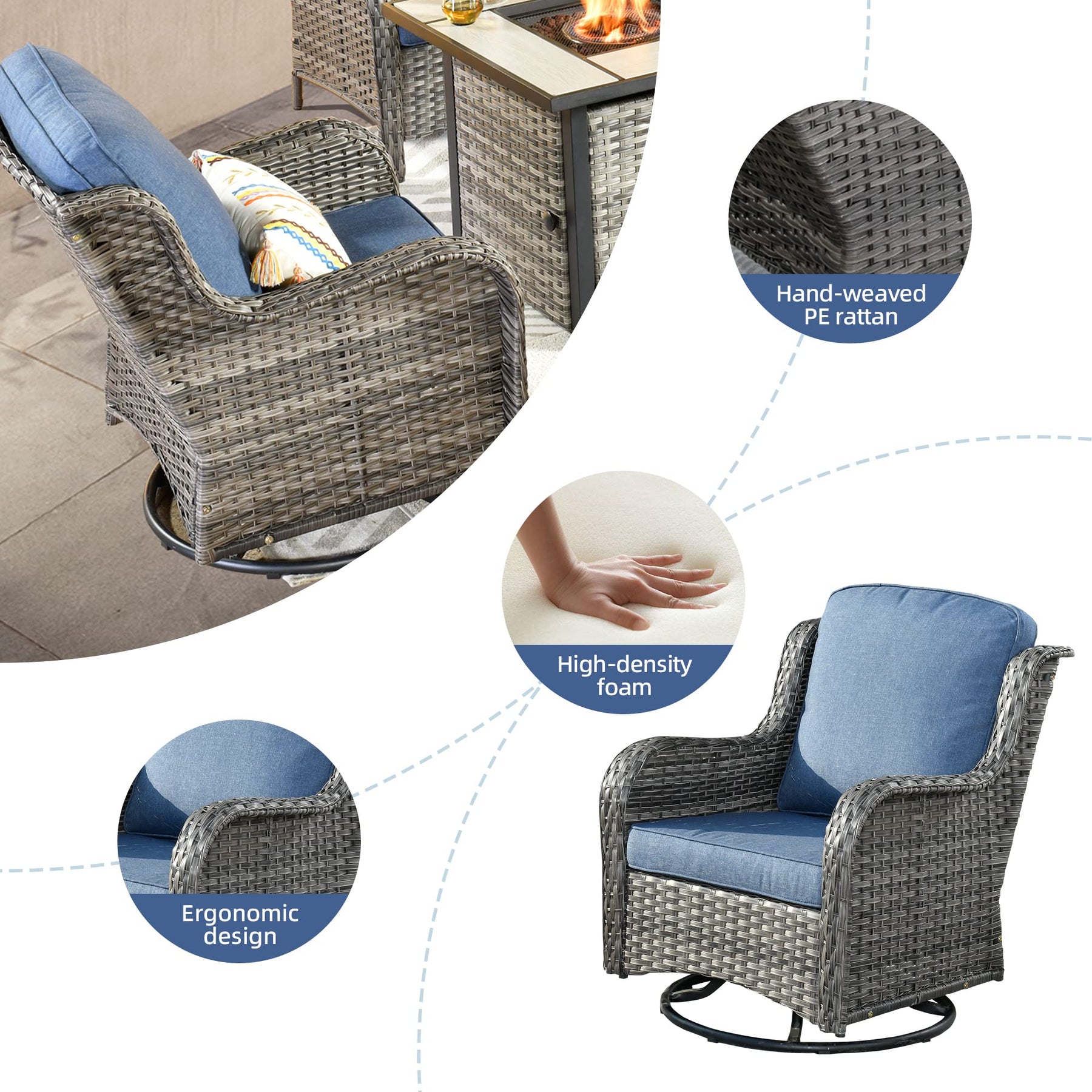 HOOOWOOO Outdoor Patio Furniture Set with Fire Pit Table,6 Pieces Outdoor Conversation Set with Swivel Rocking Chair,Firepit Table and Side Table,High Back Wicker Chairs Patio Set,Denim Blue