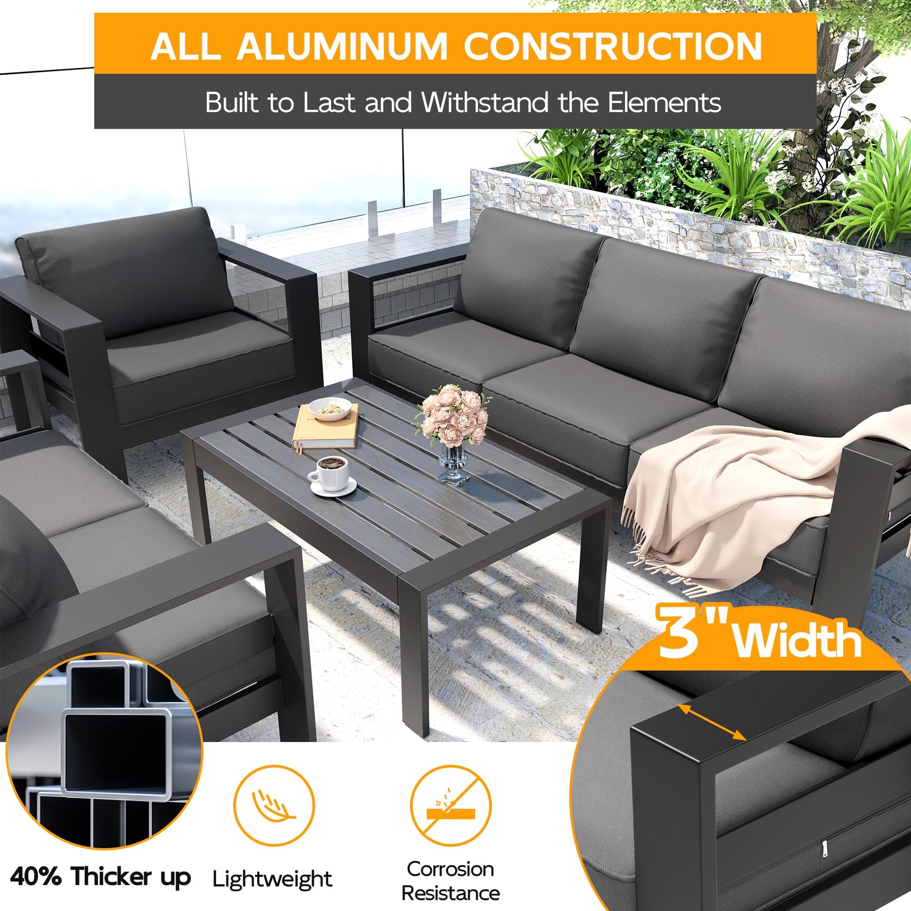 Betterhood Outdoor Aluminum Patio Furniture Set, 5 Pieces Modern Outdoor Sectional with Outdoor Patio Coffee Table & 5 Inch Cushion, Outdoor Patio Sectional Sofa Set for Balcony, Garden, Dark Gray