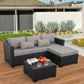 Rattaner 3 Pieces Patio Furniture Set Outdoor Sectional Wicker Patio Furniture Patio Couch with Ottoman and Outdoor Storage Table All-Weather Anti-Slip Cushions Waterproof Covers, Grey