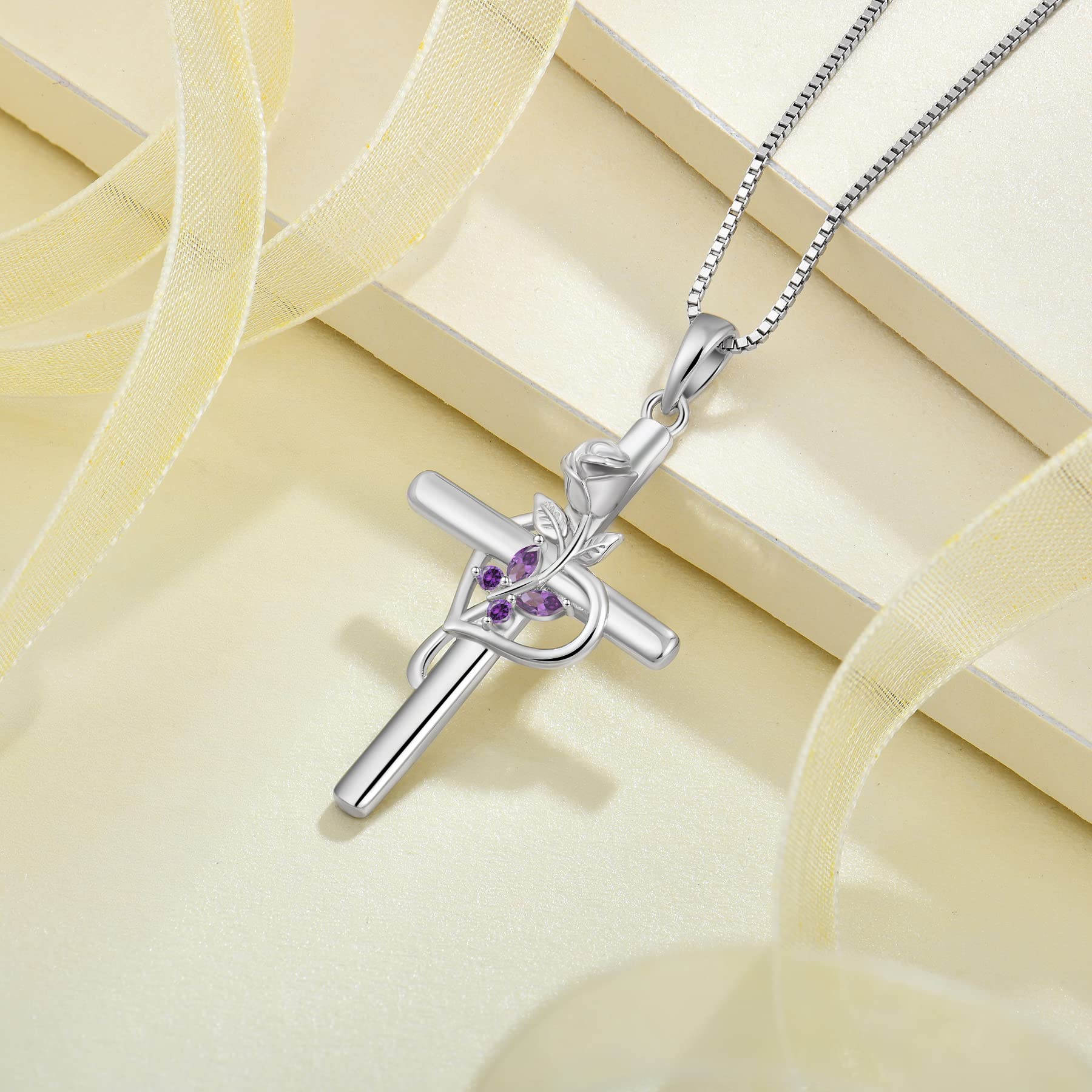 Rocayi Cross Necklace for Women 925 Sterling Silver Butterfly Necklace Amethyst February Birthstone Pendent Rose Flower Religion Jewelry Gifts for Women Wife Girlfriend Mother Daughter Her