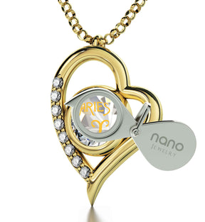 Gold Plated Silver Aries Necklace Zodiac Heart Pendant 24k Gold inscribed on Crystal