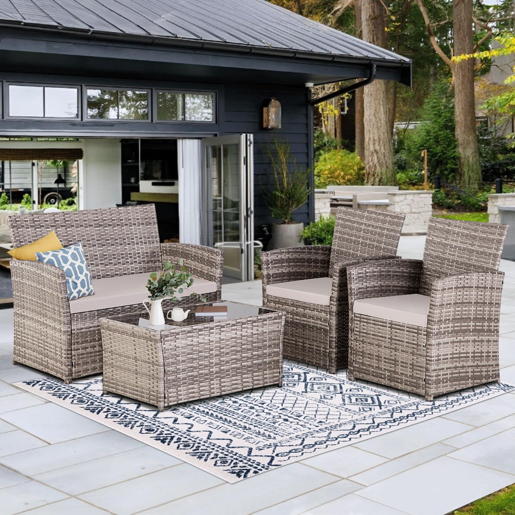 Seogwisam 4 Piece Patio Furniture Set,Outdoor Wicker Conversation Sets,Rattan Sectional Sofa w/Coffee Table,Seat Cushions for Backyard Porch Garden Poolside - Gray Wicker/Gray Cushions