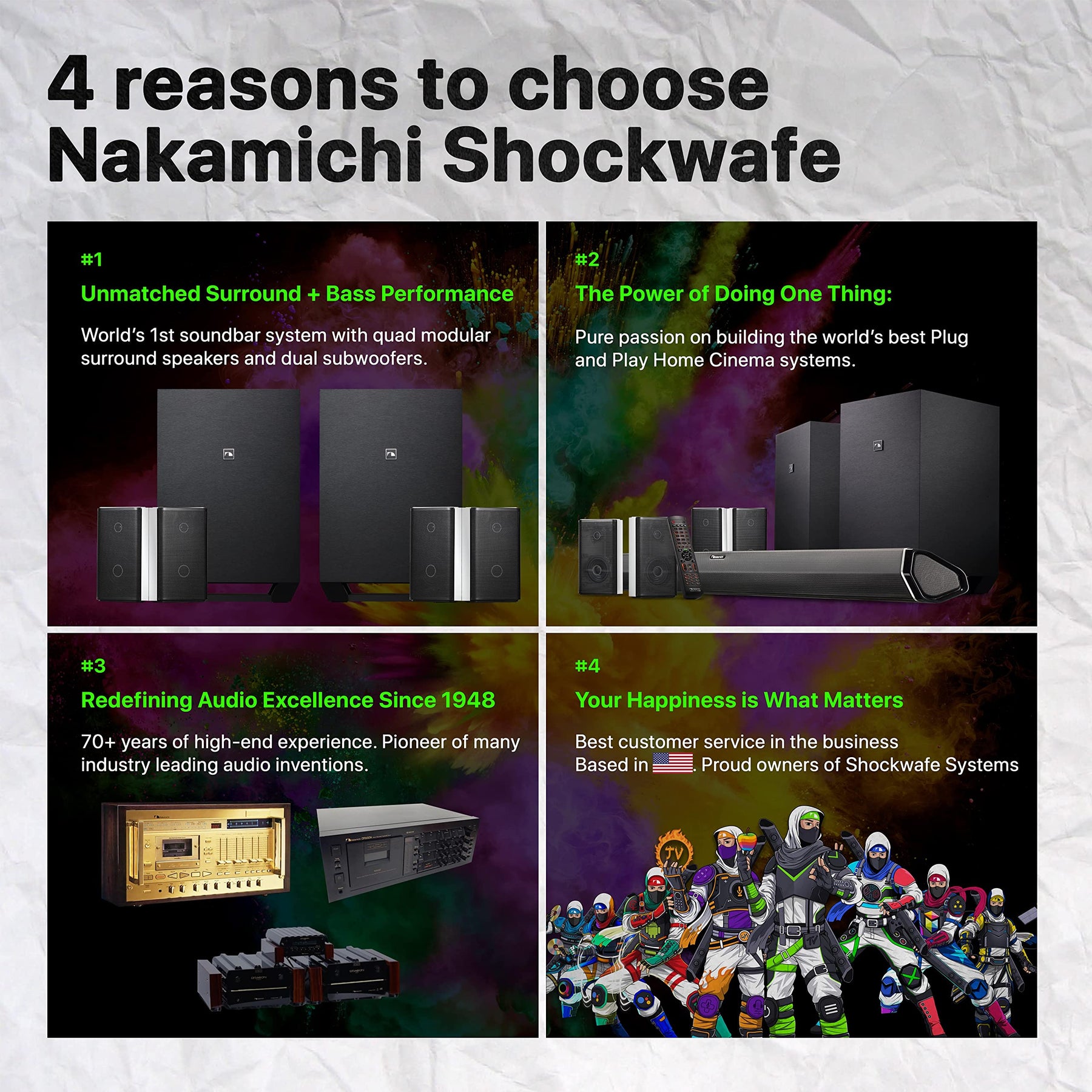 Nakamichi Shockwafe Ultra 9.2.4 Channel 1000W Dolby Atmos/DTS:X Soundbar with Dual 10" Subwoofers (Wireless) & 4 Rear Surround Speakers. Enjoy Plug and Play Explosive Bass & High End Cinema