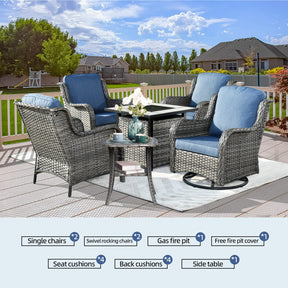 HOOOWOOO Outdoor Patio Furniture Set with Fire Pit Table,6 Pieces Outdoor Conversation Set with Swivel Rocking Chair,Firepit Table and Side Table,High Back Wicker Chairs Patio Set,Denim Blue