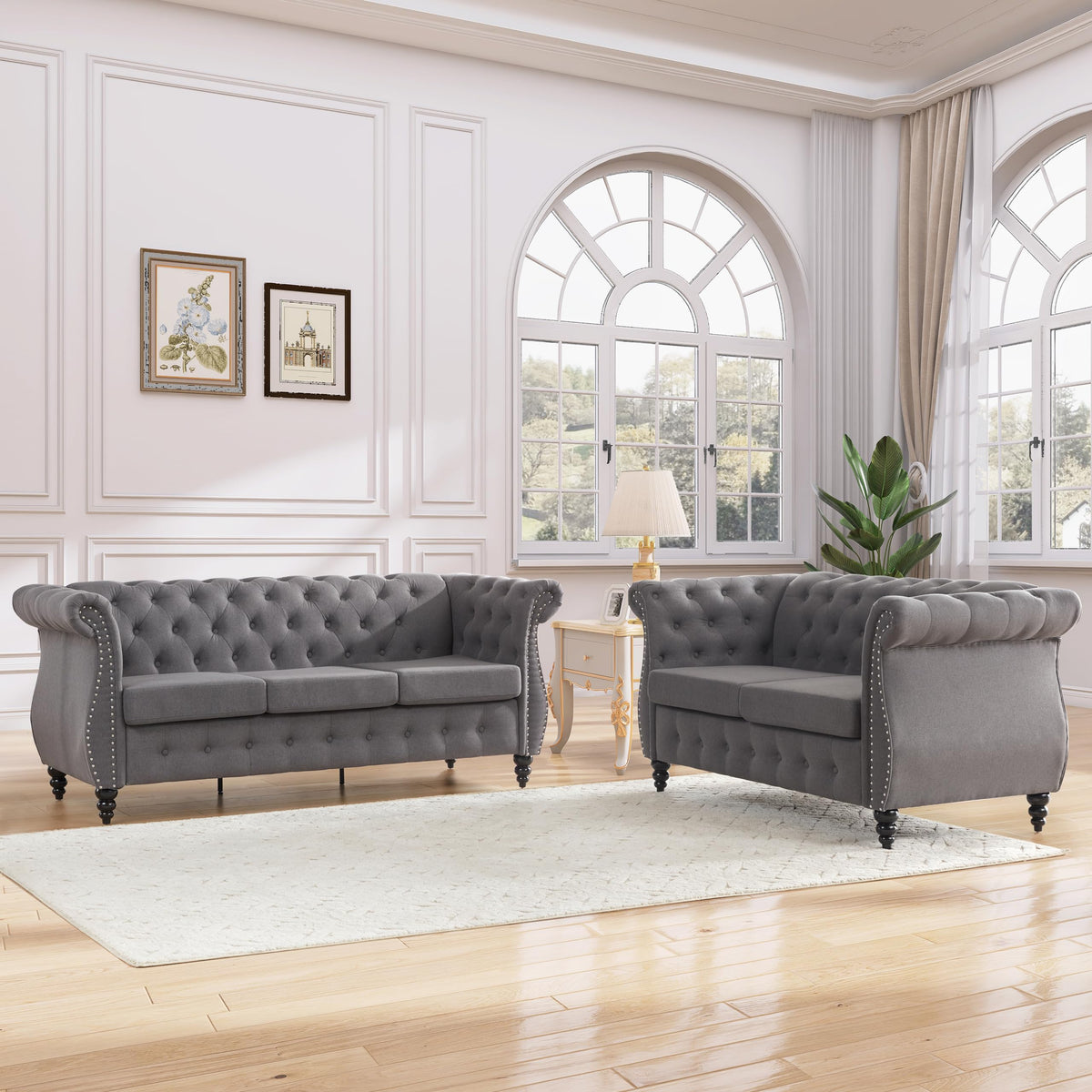 Tbfit Chesterfield 2 Piece Living Room Sectional Sofa Set with Rolled Arms, Classic Button Tufted Sofa with Nailhead Trim, Upholstered Chesterfield Couch with Gourd Wooden Legs, Bedroom, Grey