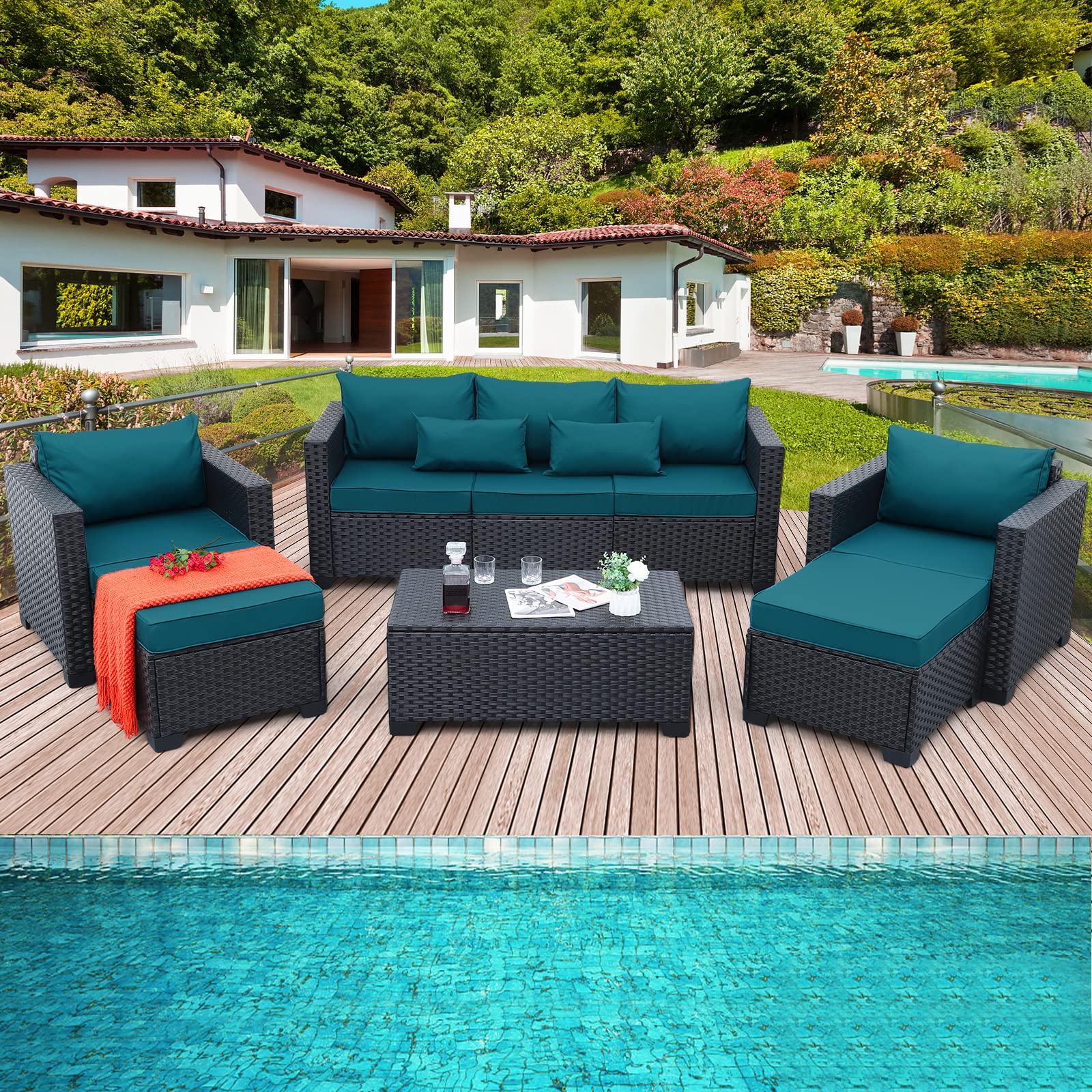 Rattaner Patio Furniture Set 6 Pieces Couch Outdoor Chairs Coffee Table Peacock Blue Anti-Slip Cushions and Waterproof Covers