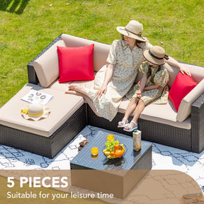 Devoko 5 Pieces Patio Furniture Sets All Weather Outdoor Sectional Patio Sofa Manual Weaving Wicker Rattan Patio Seating Sofas with Cushion and Glass Table(Beige)