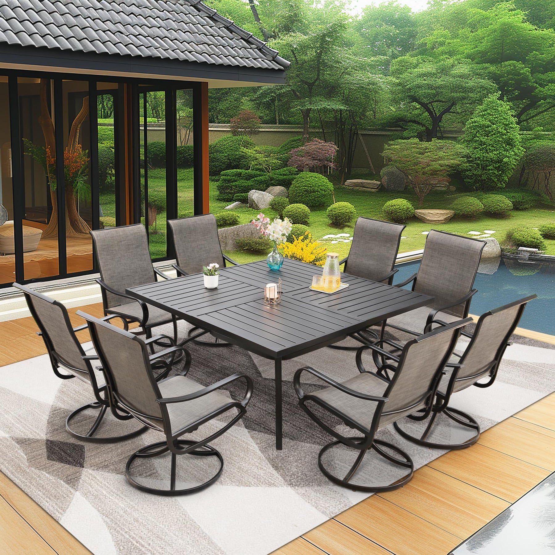 Sophia & William Patio Furniture Set Large Square Patio Dining Table for 8 with Patio Swivel Chairs Textilene Patio Dining Set 9 Pieces Outdoor Table and Chairs for Garden Backyard All Weather