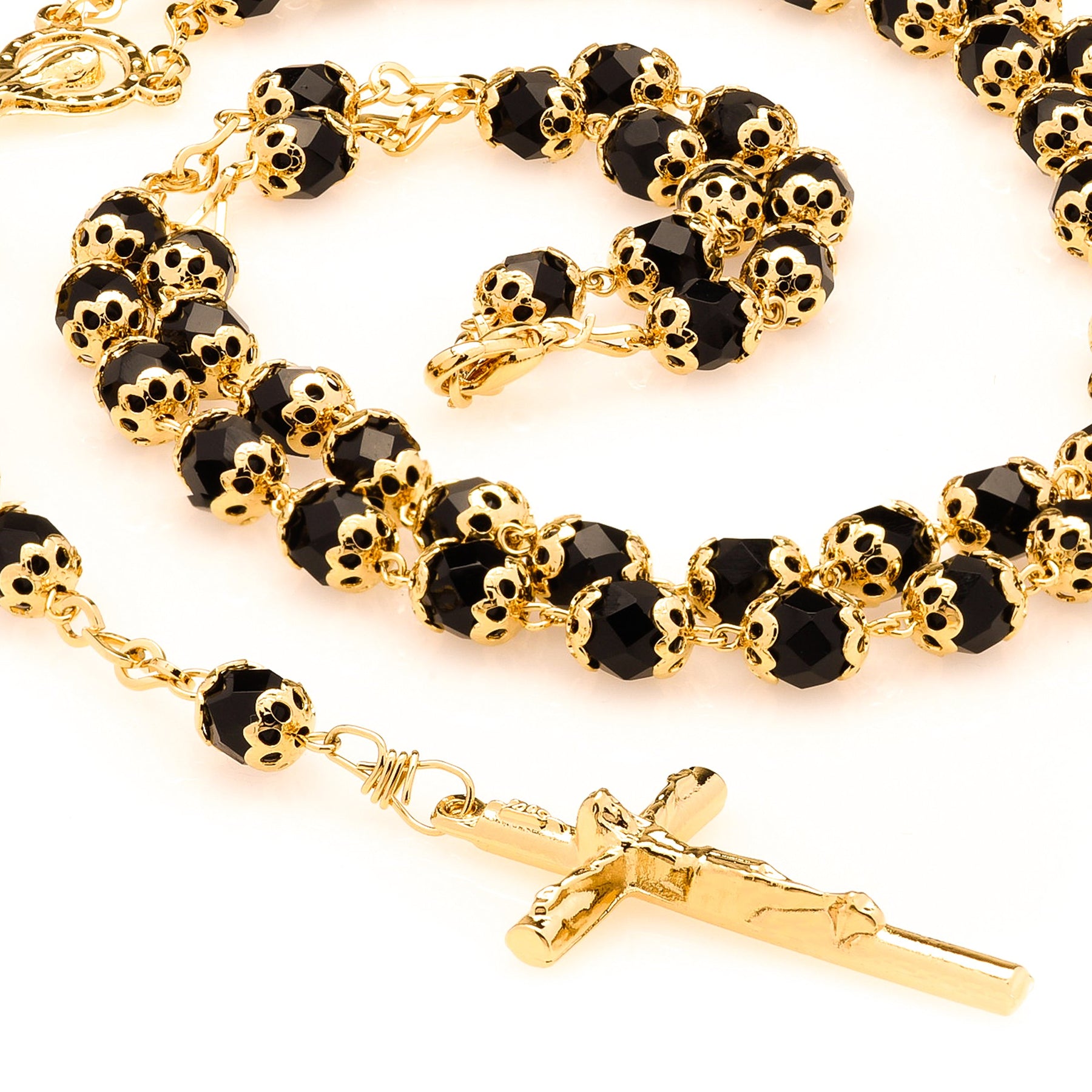 LIFETIME JEWELRY Rosary Necklace Black Crystal Prayer Beads 24K Real Gold Plated