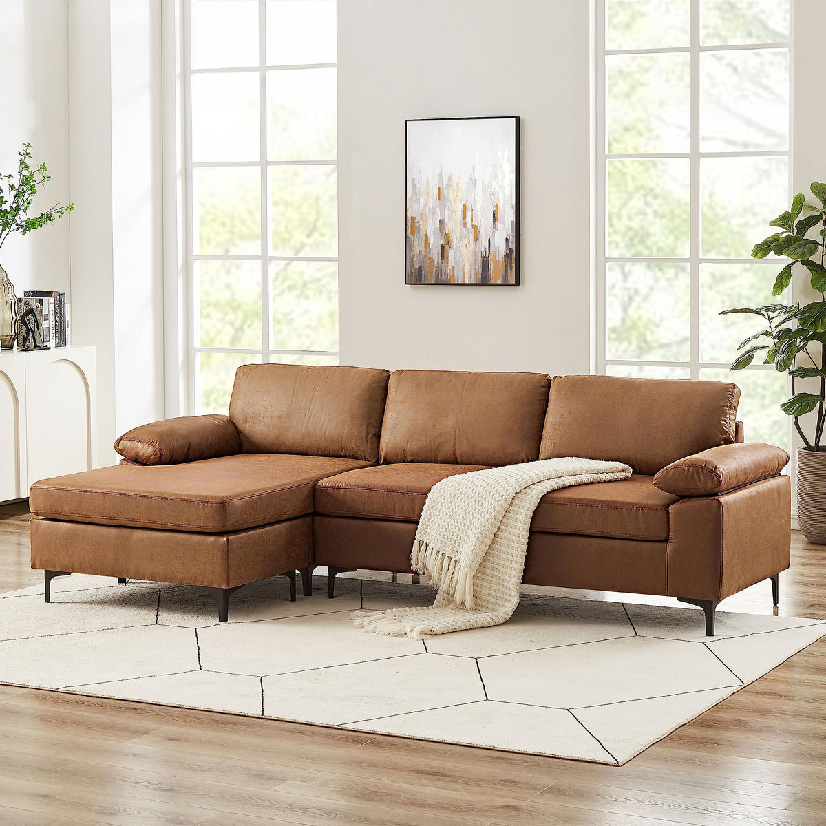 VANOMi 100" Sectional Sofa, Faux Leather Mid-Century Modern Reversible Couch, L Shaped 3-Seat Sofa Couch with Chaise for Living Room, Brown