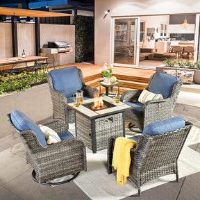 HOOOWOOO Outdoor Patio Furniture Set with Fire Pit Table,6 Pieces Outdoor Conversation Set with Swivel Rocking Chair,Firepit Table and Side Table,High Back Wicker Chairs Patio Set,Denim Blue