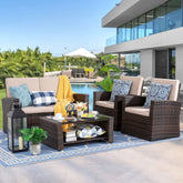 Shintenchi Outdoor Patio Furniture 4 Piece Set, Wicker Rattan Sectional Sofa Couch with Glass Coffee Table | Brown