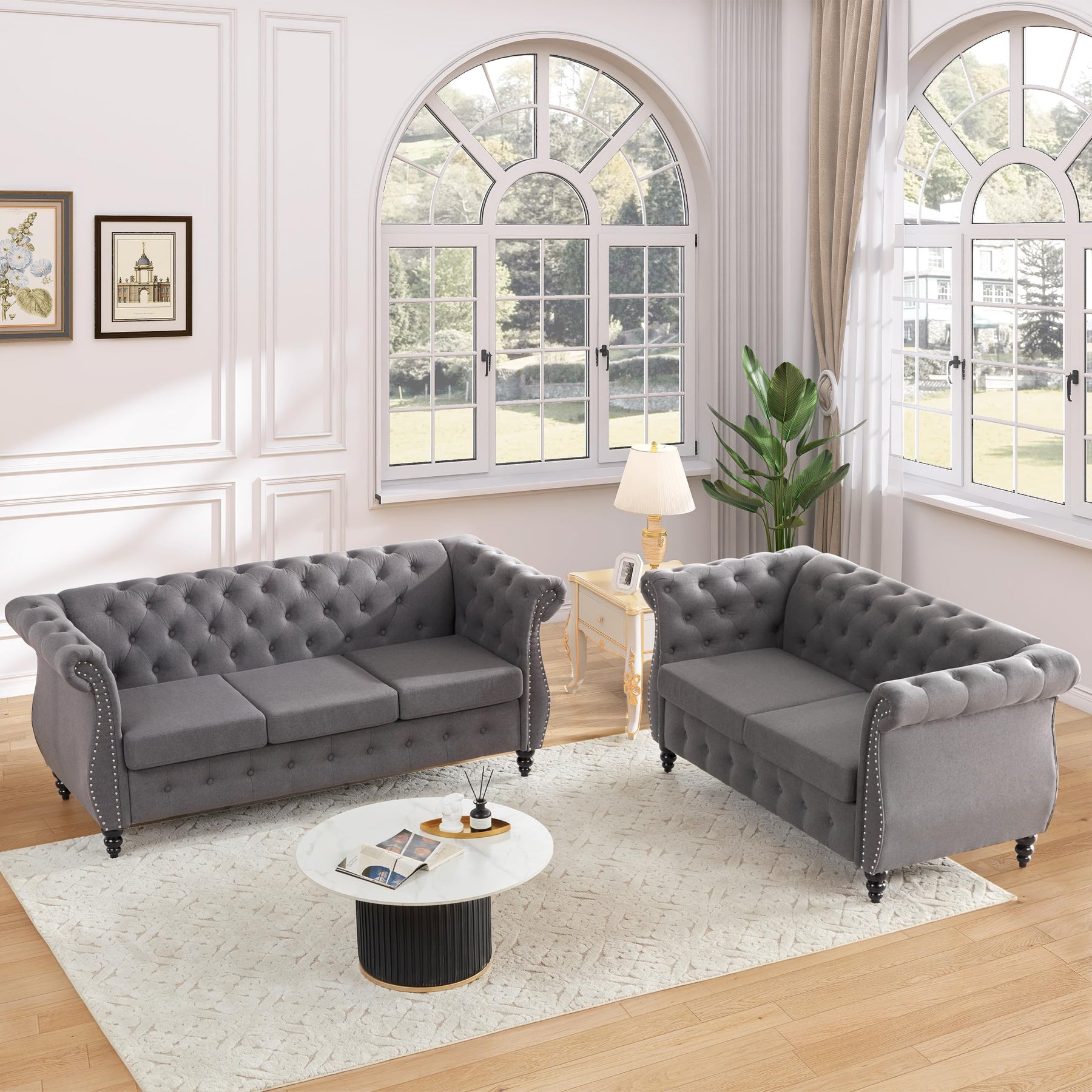 Tbfit Chesterfield 2 Piece Living Room Sectional Sofa Set with Rolled Arms, Classic Button Tufted Sofa with Nailhead Trim, Upholstered Chesterfield Couch with Gourd Wooden Legs, Bedroom, Grey