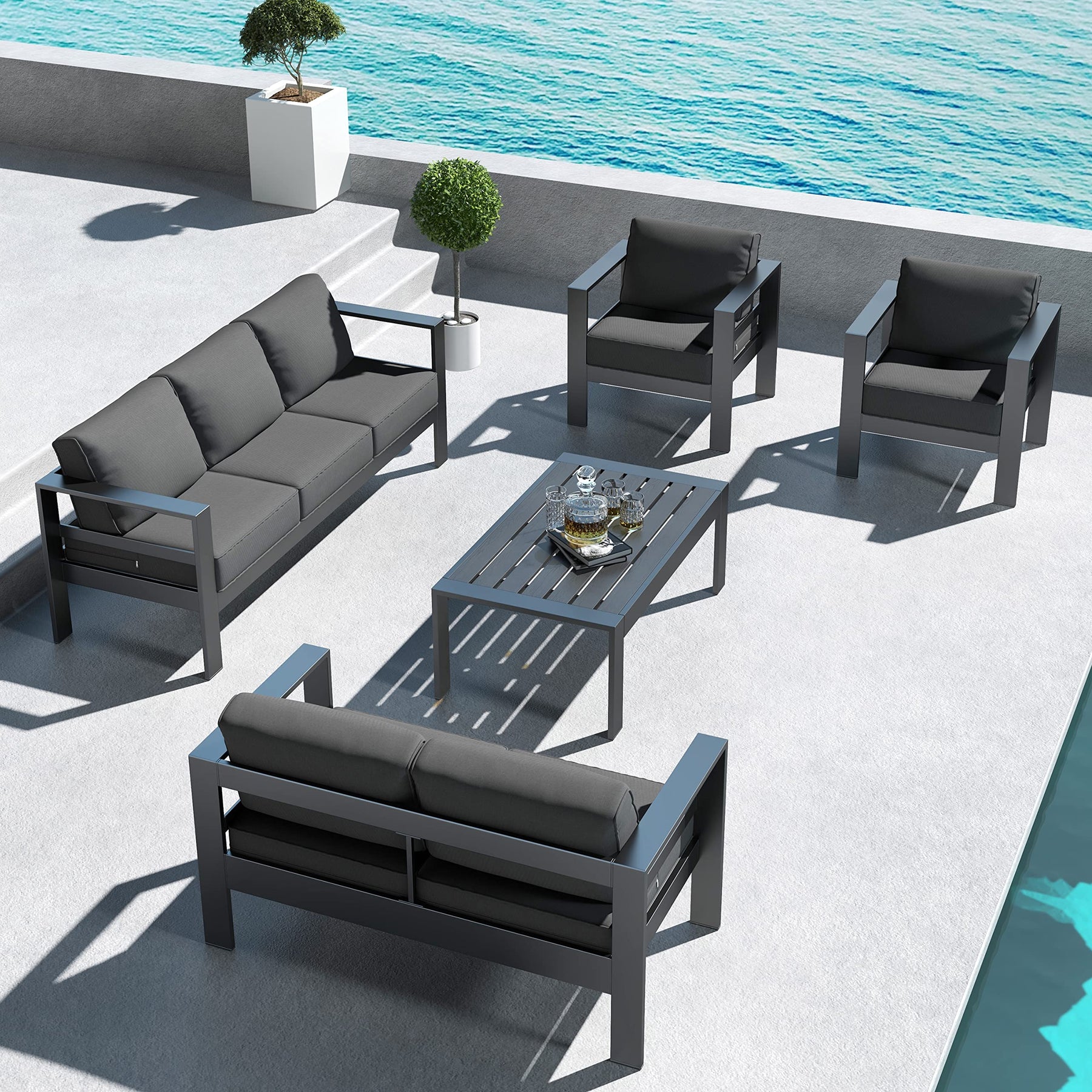 Betterhood Outdoor Aluminum Patio Furniture Set, 5 Pieces Modern Outdoor Sectional with Outdoor Patio Coffee Table & 5 Inch Cushion, Outdoor Patio Sectional Sofa Set for Balcony, Garden, Dark Gray